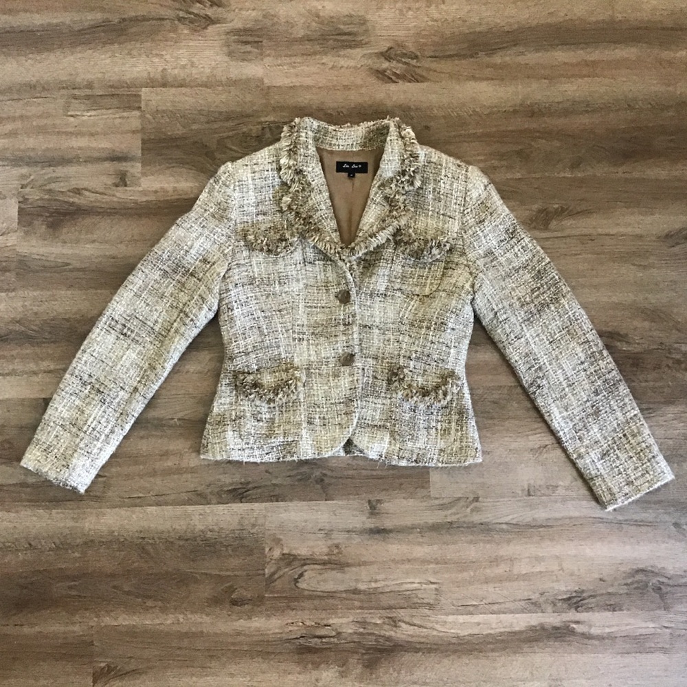 LIA Lee Blazer Size Medium Jacket Soft Tweed Fringe Button Down Tan Brown - Picture 2 of 12